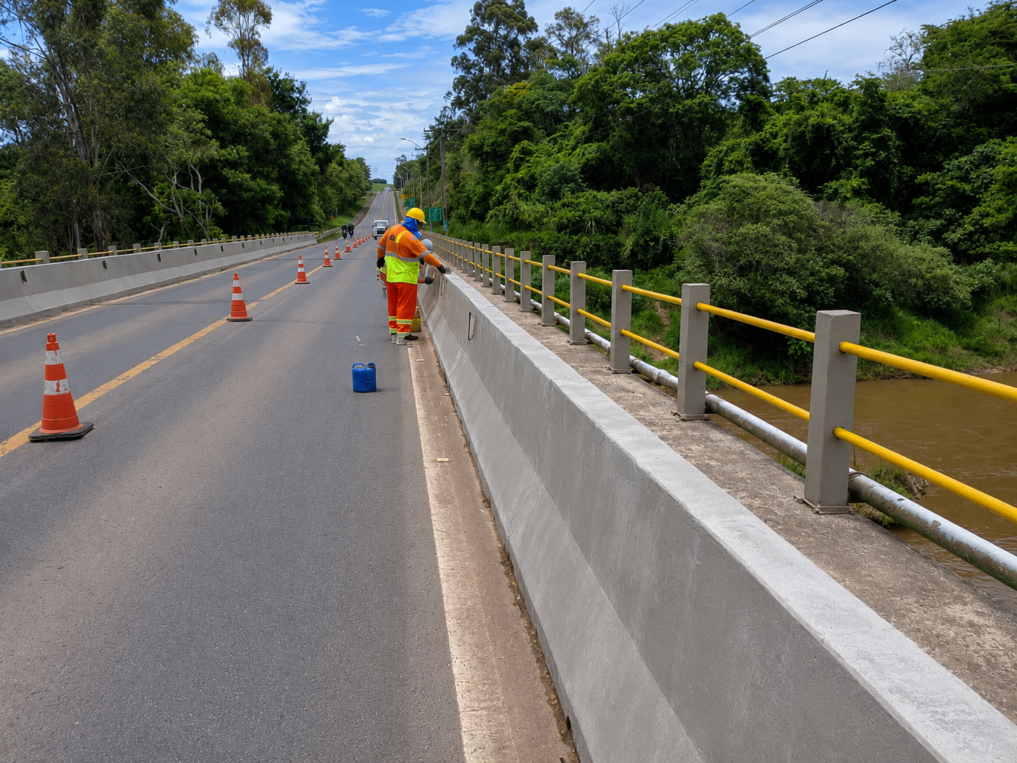 Serviços em trecho rodoviário com sinalização operacional.